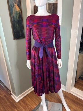 Vintage 70s Vera Maxwell Long Slv Secretary Midi Dress Abstract Ikat Watercolor